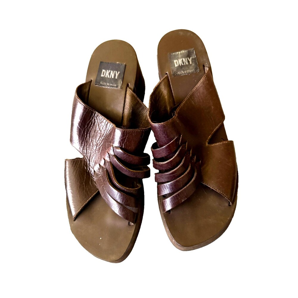 New Vintage DKNY Brown Leather Slip On Sandals Sz 10